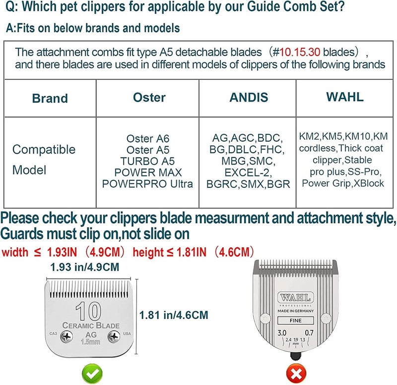DODAER Professional Animal Stainless Steel 5 Color Guide Comb Set Compatible with andis Oster A5 wahl km10 10#/15#/30# Detachable Blade，Cutting Length 3mm-16mm - Image 4